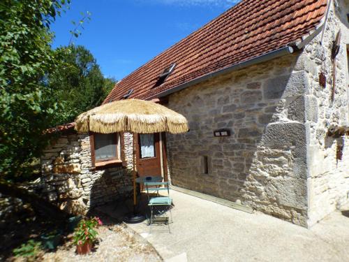 a small stone building with a straw roof at Les gites et chambres d'hôtes du Mas de bouzou in Grèzes