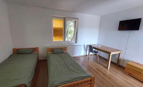 a room with two beds and a desk and a window at Penzion Baffi in Topoľníky