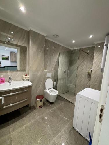 a bathroom with a sink and a toilet and a shower at Dioneida Apartments in Sarandë