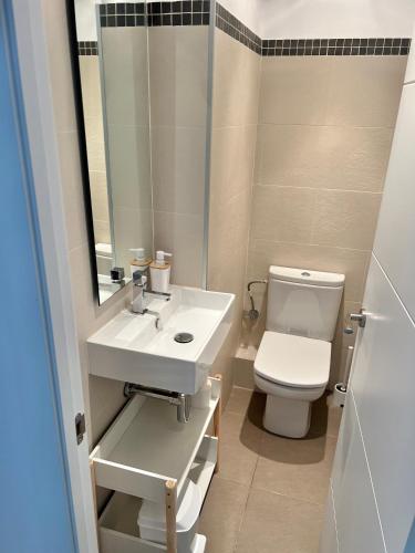 a bathroom with a toilet and a sink and a mirror at DUPLEX EN LA NIEVE in La Molina
