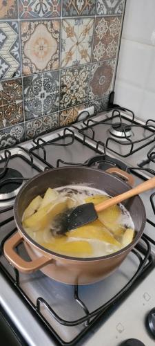 a pan on top of a stove with food in it at Pousada Sitio da Terra e Arte in São Roque