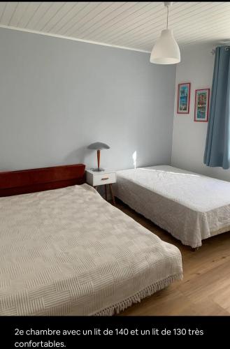 une chambre avec deux lits et une table avec une lampe dans l'établissement La Maison des Pins, à Barbâtre