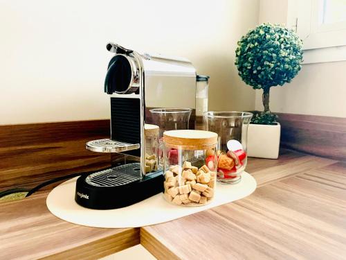 un mixeur assis au-dessus d'une table avec de la nourriture dans l'établissement Appartement 2 pièces à Cannes, à Cannes