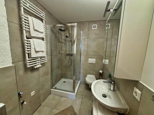 a bathroom with a shower and a sink and a toilet at FW 90 - Gemütliche Dachgeschosswohnung mit Ausblick in Görlitz