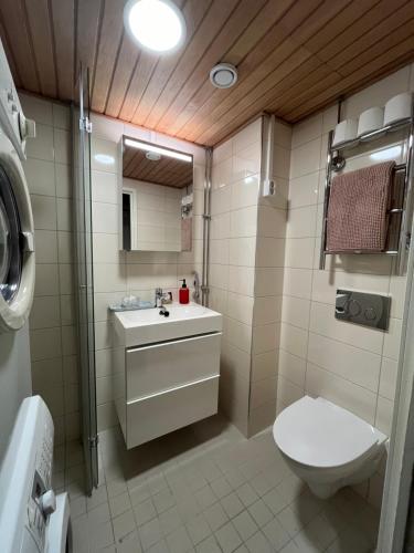 a bathroom with a toilet and a sink and a shower at Spacious Two Room Apartment in Espoo in Espoo