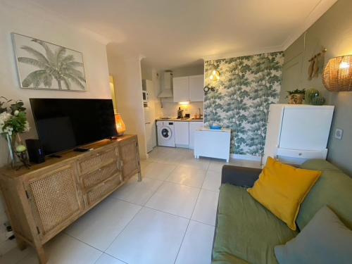 un salon avec un canapé et une télévision à écran plat dans l'établissement Charmant appartement en front de mer avec piscine, à Lacanau-Océan