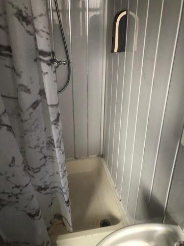 a bathroom with a shower curtain and a toilet at Northern Pearl Hotel in Blackpool