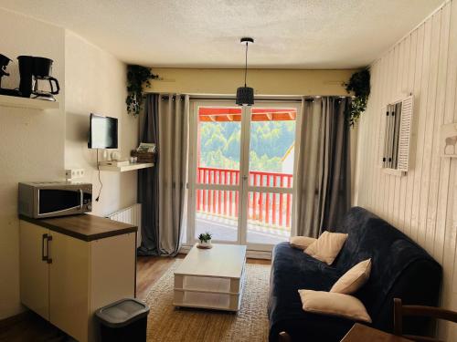 un salon avec un canapé et une fenêtre dans l'établissement appartement vue sur lac, à Laruns