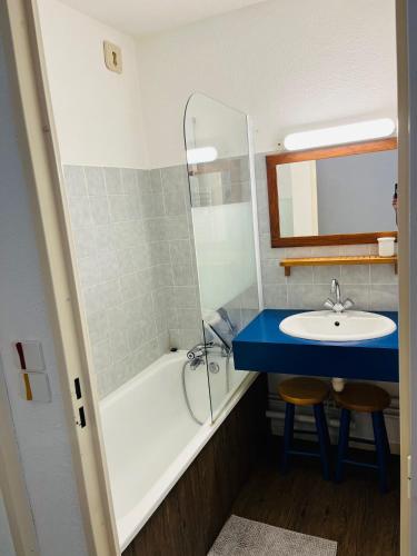 une salle de bain avec un lavabo et une baignoire dans l'établissement appartement vue sur lac, à Laruns
