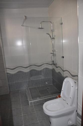 a bathroom with a shower and a toilet and a glass shower stall at Гостевой дом Barakat in Samarkand
