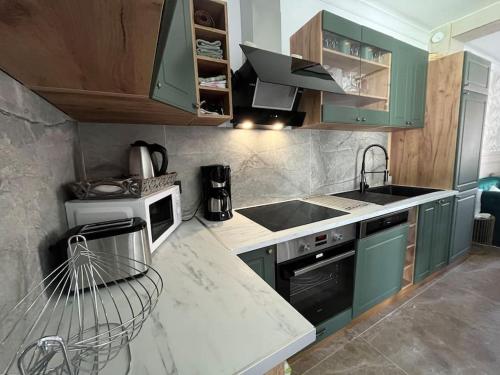a kitchen with green cabinets and a counter top at La maison RayoFam, à 30 min de Paris, à 5 min du stade de France in Saint-Denis