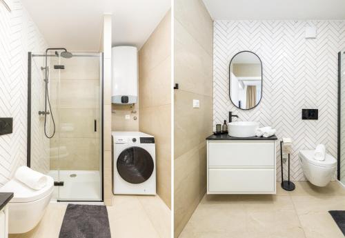 een badkamer met een wasmachine en een wasmachine bij Travel Station in Pula