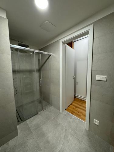 baño con ducha a ras de suelo y puerta de cristal en Krumlovský Vltavín, en Český Krumlov