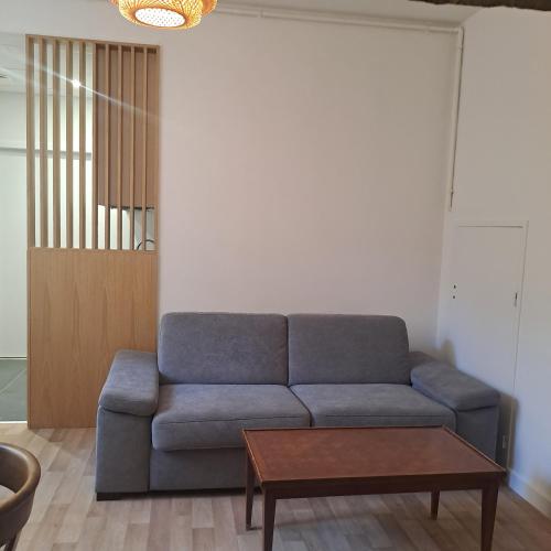 un salon avec un canapé bleu et une table basse dans l'établissement La chambre des notaires, à Moulins