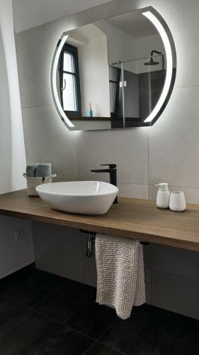 a bathroom with a white sink and a mirror at Family Apartments Černice in Mojné