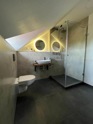 a bathroom with a sink toilet and a shower at Family Apartments Černice in Mojné