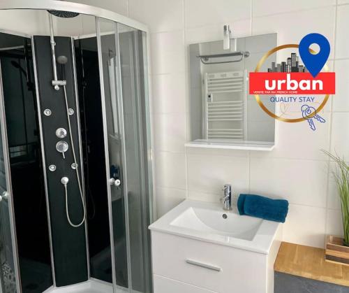 une salle de bain avec une douche, un lavabo et un miroir dans l'établissement Immeuble 105 m2 Moissac centre, à Moissac