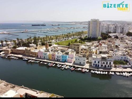 an aerial view of a harbor with boats in the water at haut standing vue exceptionnelle Bizerte Tunisie in Bizerte