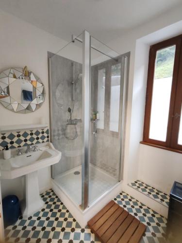 une salle de bain avec douche et lavabo dans l'établissement Maison 13 pers à 10mn de Luchon, à Cazaux-Layrisse