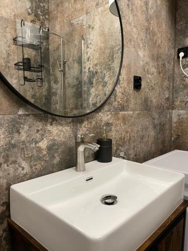 a bathroom with a sink and a mirror at Aleja 12 in Częstochowa