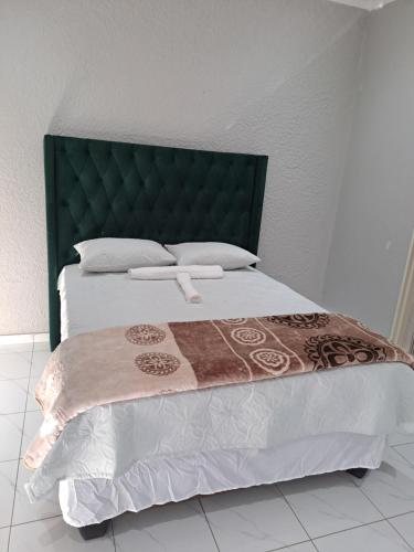 a bedroom with a bed with a green headboard at Randhart guesthouse in Alberton