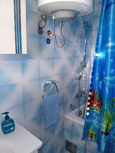 a bathroom with a shower with a blue shower curtain at Guest House Cinderella in Herceg-Novi