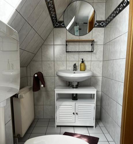 a bathroom with a sink and a mirror at Ferienhaus-DeichBrand in Friedrichskoog
