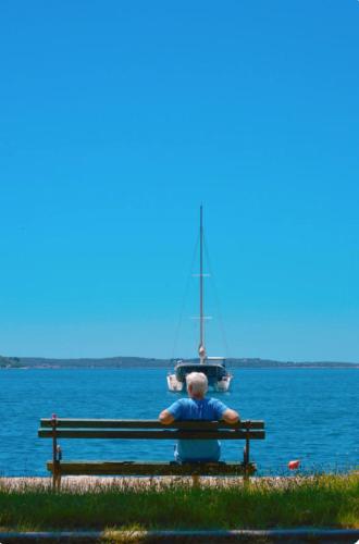 a man sitting on a bench next to the water at Herceg Novi Seaside Retreat with Serene Garden in Zelenika