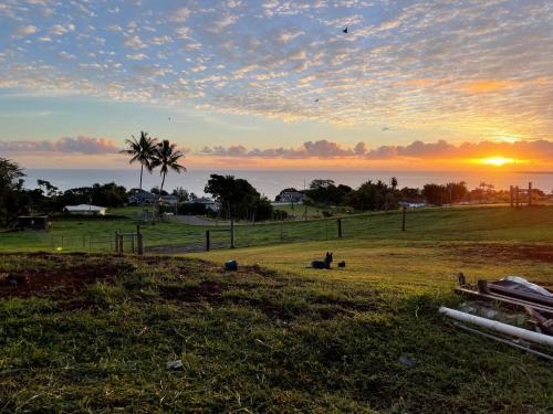 a sunset in a field with the ocean in the background at Hawaii Magic Skies Farmstay in Hilo