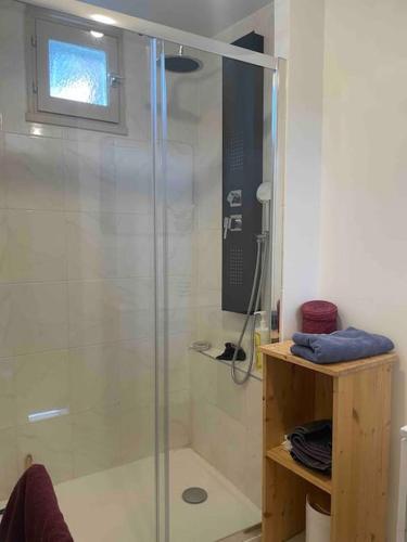 une douche avec une porte vitrée dans une salle de bain dans l'établissement Charmante maison, cœur de bourg, à Bazouges-la-Pérouse