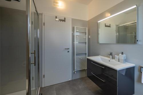 a bathroom with a sink and a shower with a mirror at Villa Tonka in Nova Vas