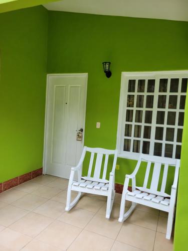 two white chairs in a room with green walls at Hotel Museo El Ceibo in San José del Sur