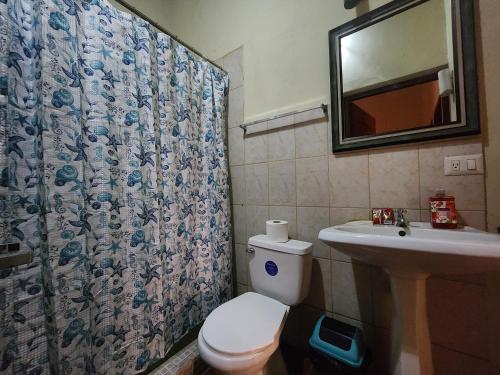 a bathroom with a toilet and a sink and a shower curtain at Hotel Casona Macondo, Granada, Nicaragua in Granada