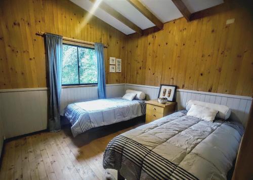a bedroom with two beds and a window at Cabaña VerdeNativo-Puerto Octay in Puerto Octay