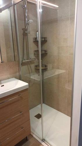 une douche avec une porte vitrée dans une salle de bain dans l'établissement Coquet studio vue mer et place privée 10mn mer, à Carqueiranne