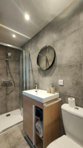 une salle de bain avec un lavabo, une douche et des toilettes dans l'établissement Studio douillet à Grasse, à Grasse