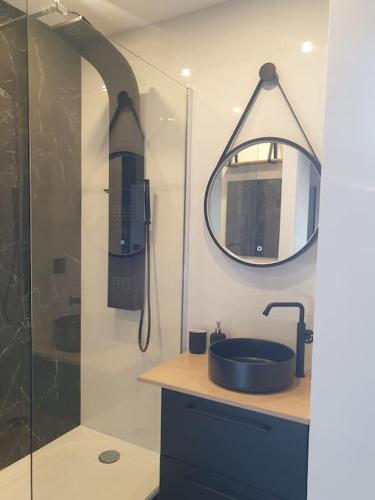 une salle de bain avec une douche, un lavabo et un miroir dans l'établissement Studio quartier Boulingrin Reims, à Reims
