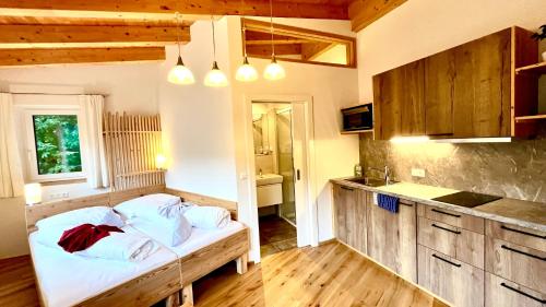 a kitchen with a bed in the middle of a room at Montanara Apartment & Zimmer in Ramsau am Dachstein