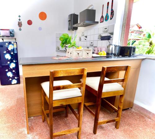 a kitchen with two chairs and a counter with a counter top at The Gharaundha in Orlim