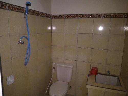 ein Bad mit einem WC und einem blauen Schlauch in der Unterkunft Kabera Bungalow 3 in Ubud