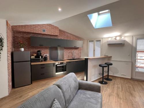 un salon avec un canapé et une cuisine dans l'établissement Le Gambetta - spacieux et calme - climatisé, à Montauban