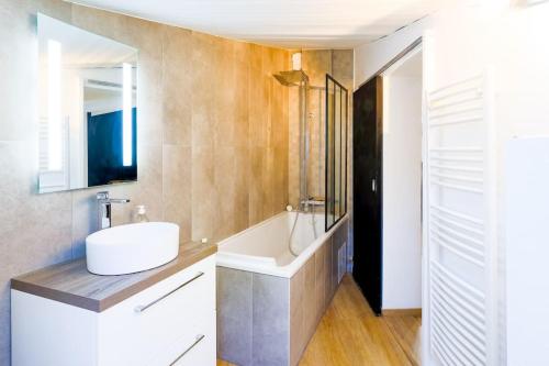 une salle de bain avec un lavabo, une baignoire et un miroir dans l'établissement Le Gambetta - spacieux et calme - climatisé, à Montauban