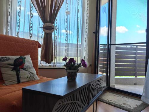 a living room with a couch and a table with flowers on it at Elza Apartment in Pamporovo