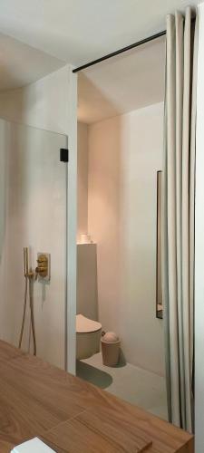 a bathroom with a toilet and a sliding glass door at Numa Experimental in Pontevedra