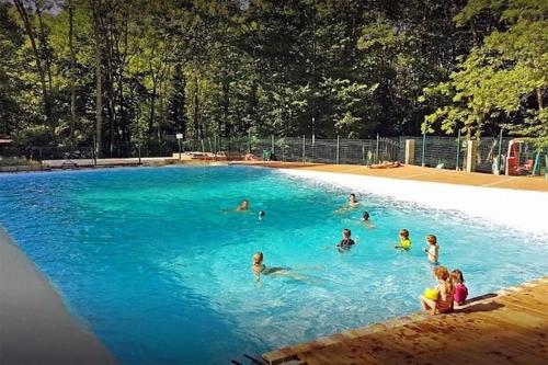 a group of people swimming in a swimming pool at chalet-bungalow ombragé in Escaro
