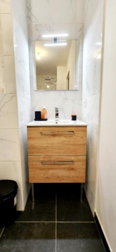 une salle de bain avec un lavabo et un miroir dans l'établissement New & serene II 1 bedroom appartement near La Défense Paris Parking and Fibre, à Suresnes