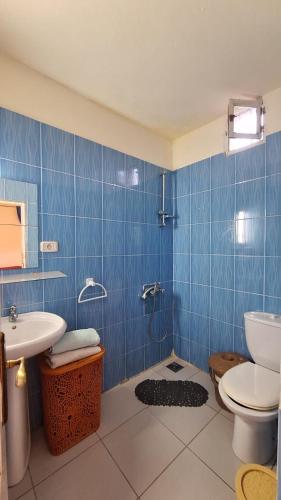 a blue tiled bathroom with a toilet and a sink at Calma Maison de charme in Mezraya