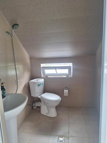 a small bathroom with a toilet and a sink at Eco family guest house in Mlashe
