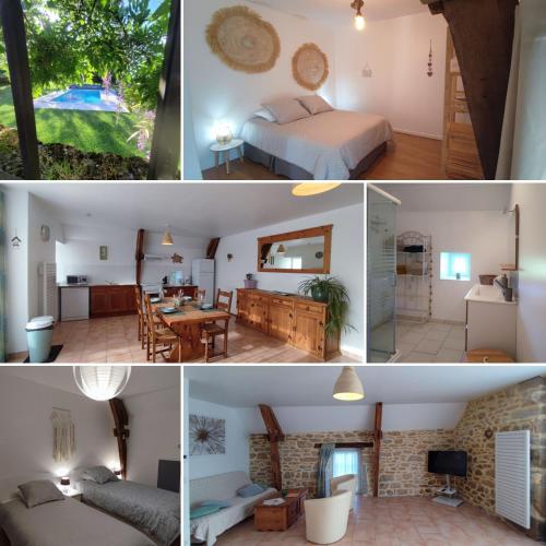 un collage de photos d'une chambre et d'un salon dans l'établissement Au Grand Bonheur - Gîte Padirac - Rocamadour, à Miers