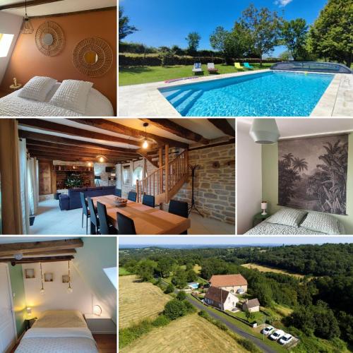 un collage de photos d'une maison avec une piscine dans l'établissement Au Grand Bonheur - Gîte Padirac - Rocamadour, à Miers